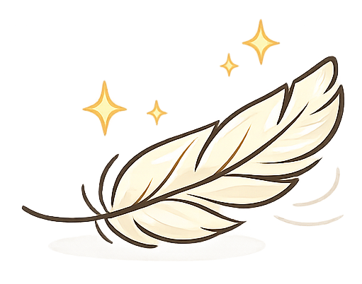A minimalist line art illustration of a single feather with small gold sparkle accents on a plain white background.