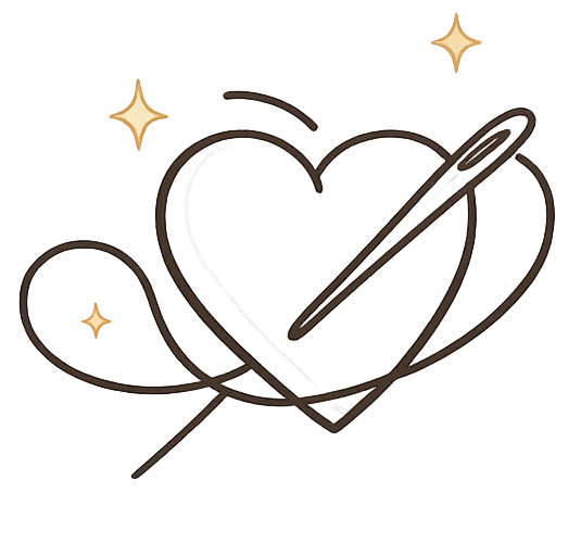 A minimalist line-art icon of a heart with a sewing needle and small gold sparkle accents on a solid white background.