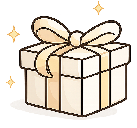A simple line-art illustration of a gift box with a ribbon and bow, plus small sparkle marks, centered on a plain white background.