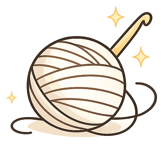 A minimalist line art illustration of a ball of cream-colored yarn with a wooden crochet hook and small gold sparkles, centered on a solid white background.