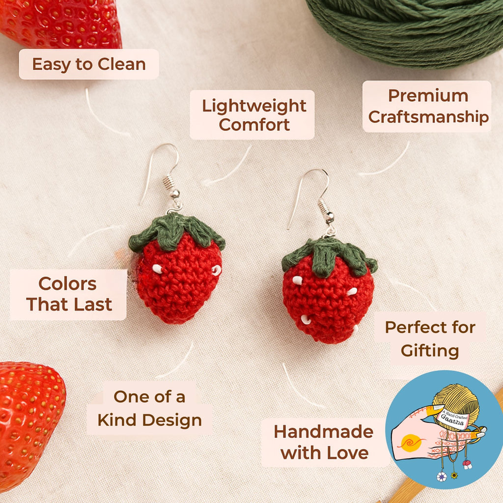 Infographic showing two handmade crochet strawberry earrings with labels highlighting features: Easy to Clean, Lightweight Comfort, Premium Craftsmanship, Colors That Last, One of a Kind Design, and Perfect for Gifting.