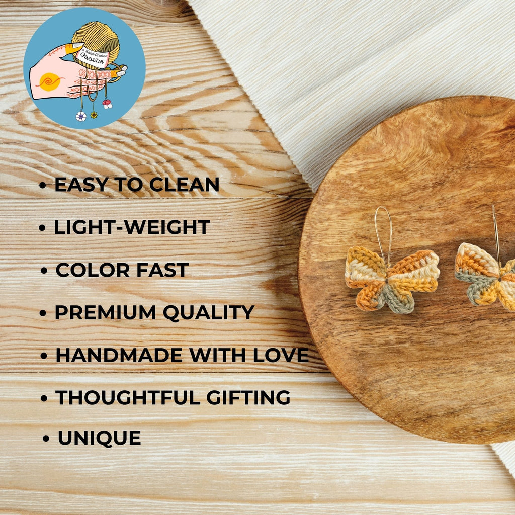Features graphic for handmade earthy crochet butterfly earrings highlighting lightweight comfort and premium quality.